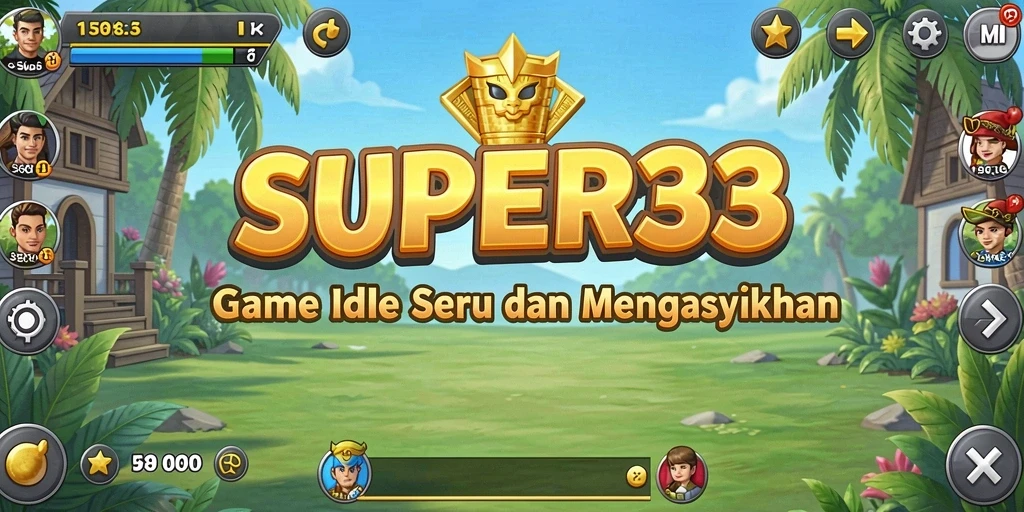Screenshot gameplay seru di SUPER33 dengan karakter menari dan mengumpulkan sumber daya.
