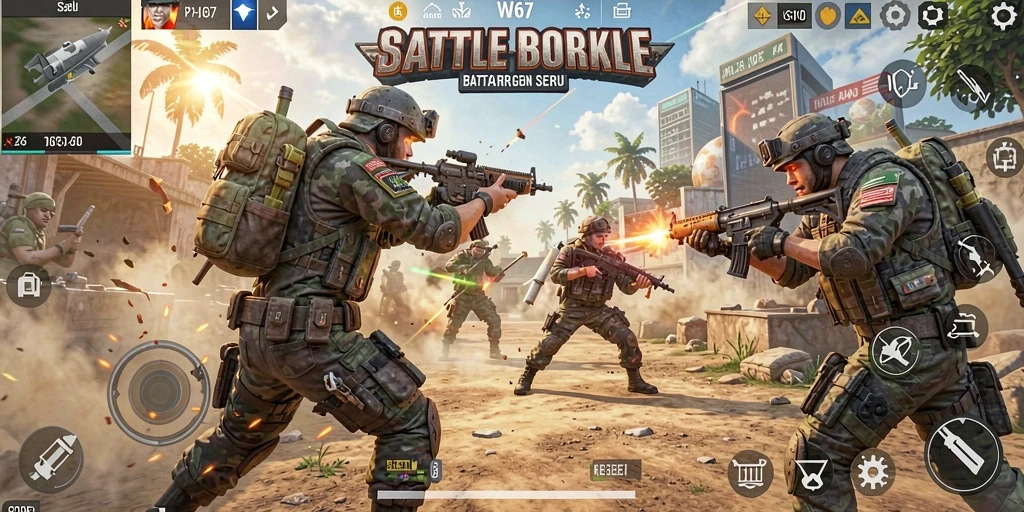 Tampilan gameplay seru dalam W67 dengan pertarungan Battle Royale yang intens.
